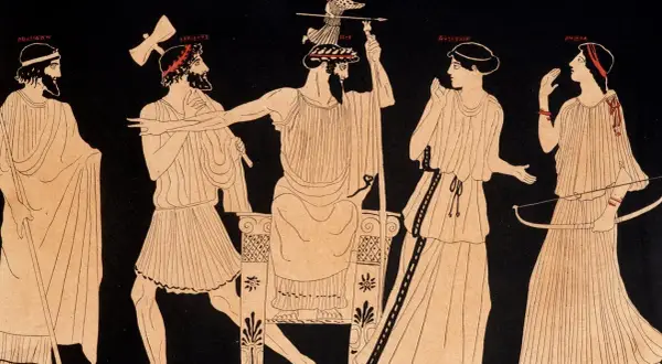 Zeus, aidé par Héphaïstos, libère Athéna de sa tête. On voit aussi Pallas et d'autres figures, mais qui sont les parents d'Athéna ? Zeus et Métis.