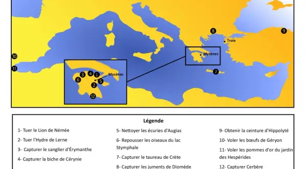 Carte illustrant les 12 travaux d'Hercule, avec des points numérotés sur une carte de la Grèce antique et de la Méditerranée.