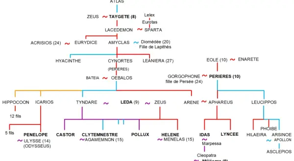 Arbre généalogique montrant la lignée royale de Sparte. Pénélope, femme d'Ulysse, est la fille d'Icarios.