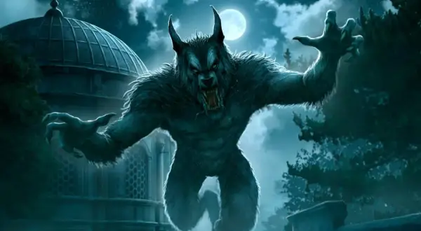 Un lycanthrope terrifiant, inspiré de la lycaon mythologie, hurle sous la pleine lune près d'un dôme ancien. Ses griffes sont tendues, prêt à bondir.