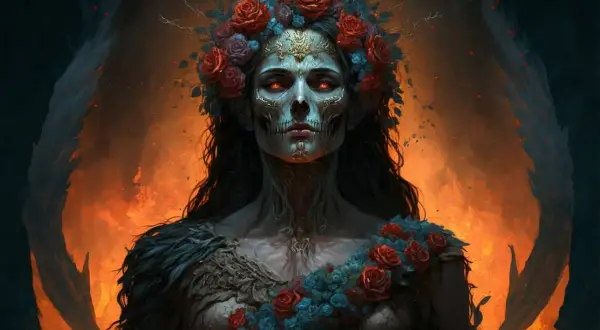 Une figure féminine aux yeux rouges ardents, couronnée de roses, évoque la mystérieuse Perséphone, reine des enfers.