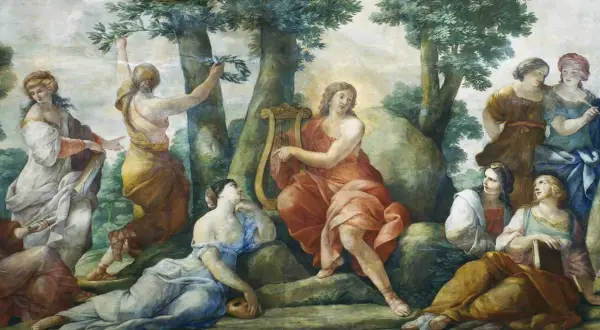 Clio, fille de Zeus, muse de l'histoire, joue de la lyre entourée de compagnes dans un paysage verdoyant.