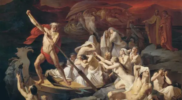 Charon, le passeur des âmes, manœuvre sa barque sur le Styx. Des âmes désespérées tentent de monter à bord, tandis que d'autres attendent sur la rive.