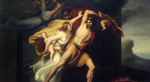 Saturn, le titan, dévore ses enfants. Une femme, peut-être une ino nourrice, tente de sauver un bébé.
