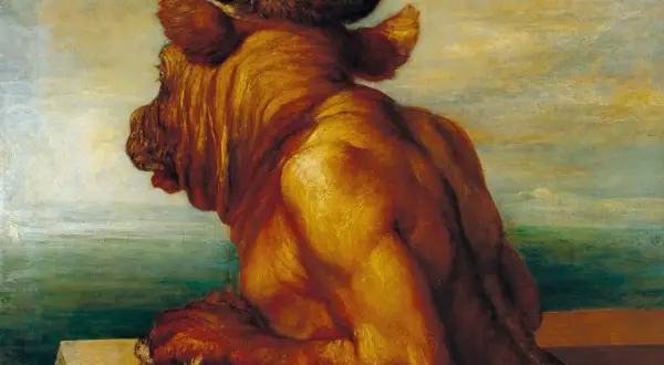 Le minotaure, créature de la mythologie grecque, est représenté de dos, la tête tournée vers la gauche, contemplant un paysage marin.