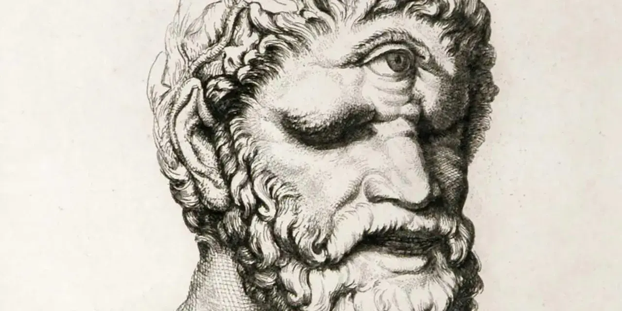 Portrait gravé d'un cyclope barbu, avec un seul œil au milieu du front. Une créature mythologique terrifiante.