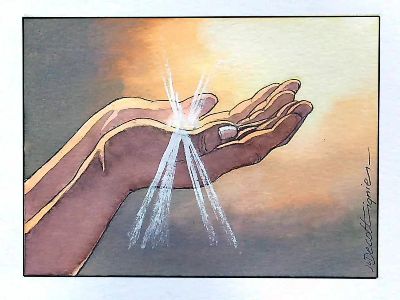 Mains ouvertes recevant la lumière divine, comme un don du dieu de la lumière.