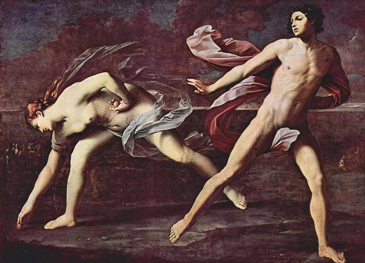 Course de Hippomène et Atalante, scène de la mythologie grecque. Atalante, la chasseresse, court, laissant tomber des pommes d'or.