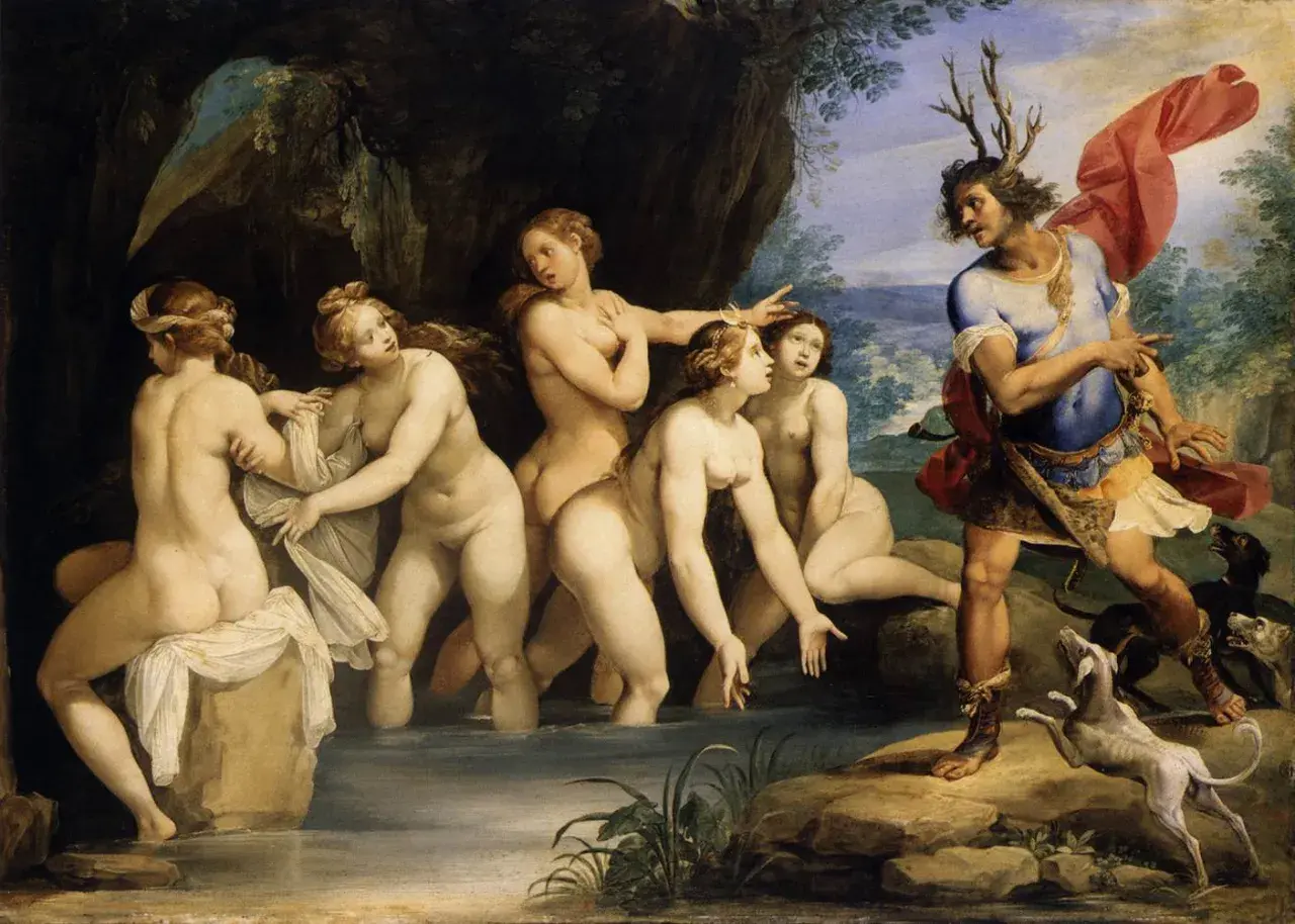 Diane et Actéon : le chasseur aux bois de cerf surprend la déesse et ses nymphes au bain. Les nymphes tentent de se cacher.