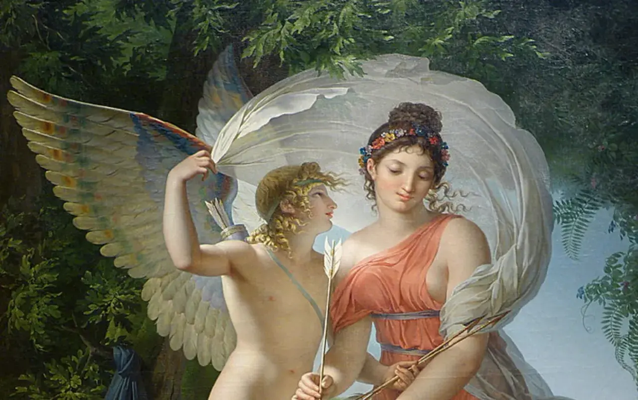 Dans la mythologie, Aphrodite, déesse de l'amour, est représentée ici avec Cupidon.