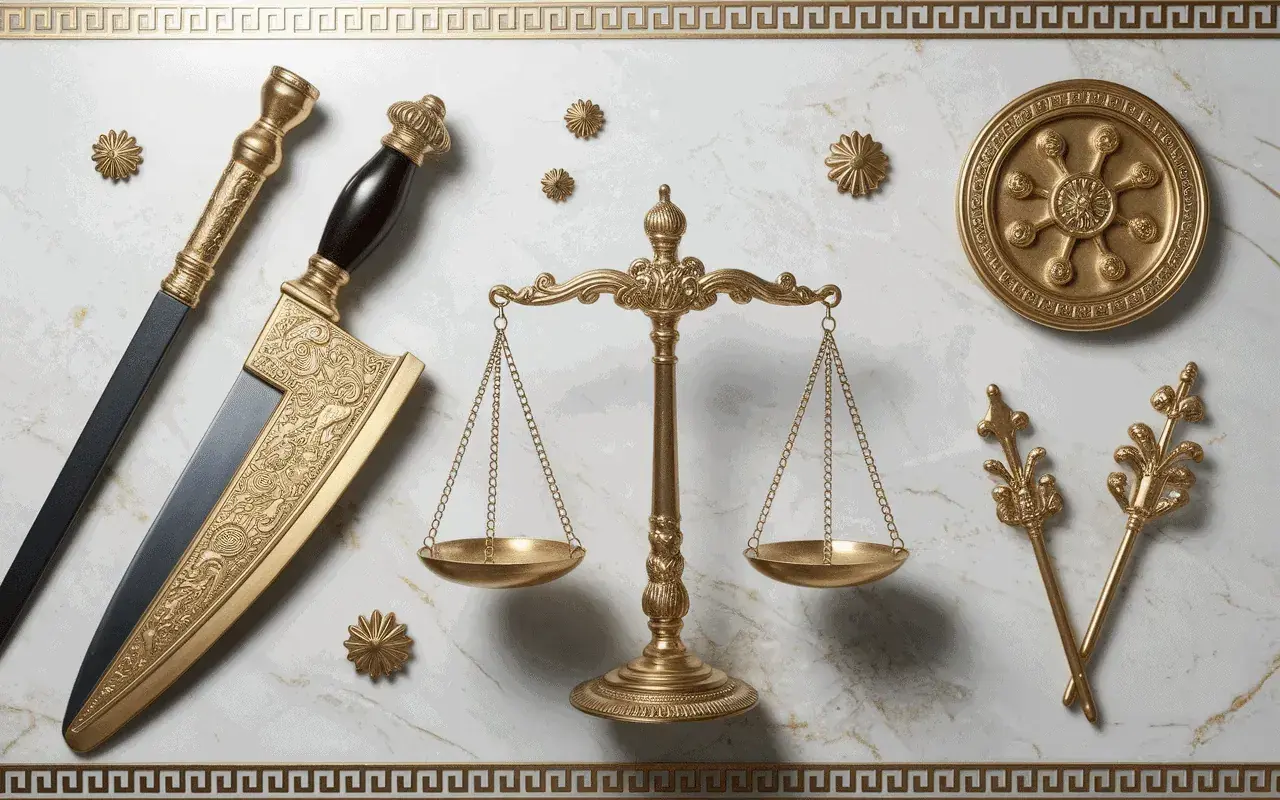Balance de justice dorée, épée ornée et symboles antiques. La **némésis définition** se reflète dans ces objets, évoquant la justice divine et la rétribution.