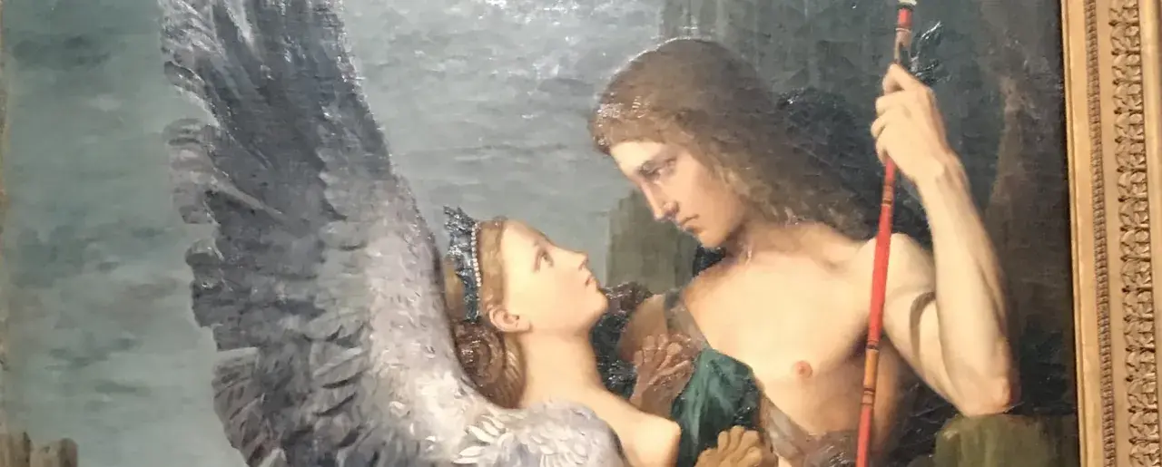 Un jeune homme aux cheveux longs regarde une femme ailée couronnée. Une scène qui évoque la tragédie, peut-être le mort d'Œdipe.