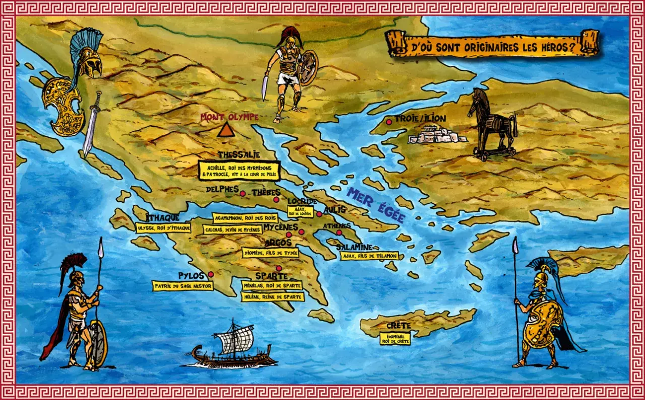 Carte illustrée de la Grèce antique, montrant les origines des héros de la guerre de Troie, avec des figures de guerriers et le cheval de Troie.