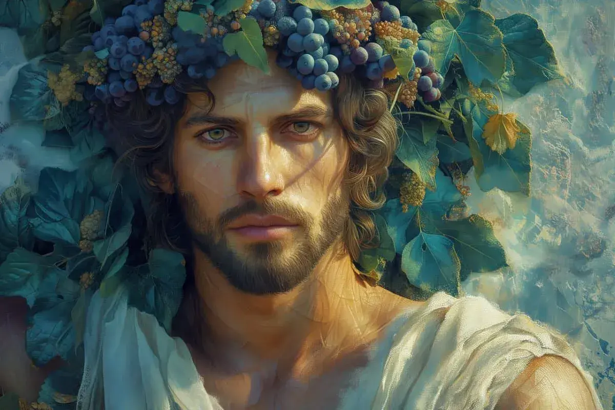 Portrait d'un homme couronné de raisins et de feuilles, évoquant le dionysos symbole de fête et de nature.