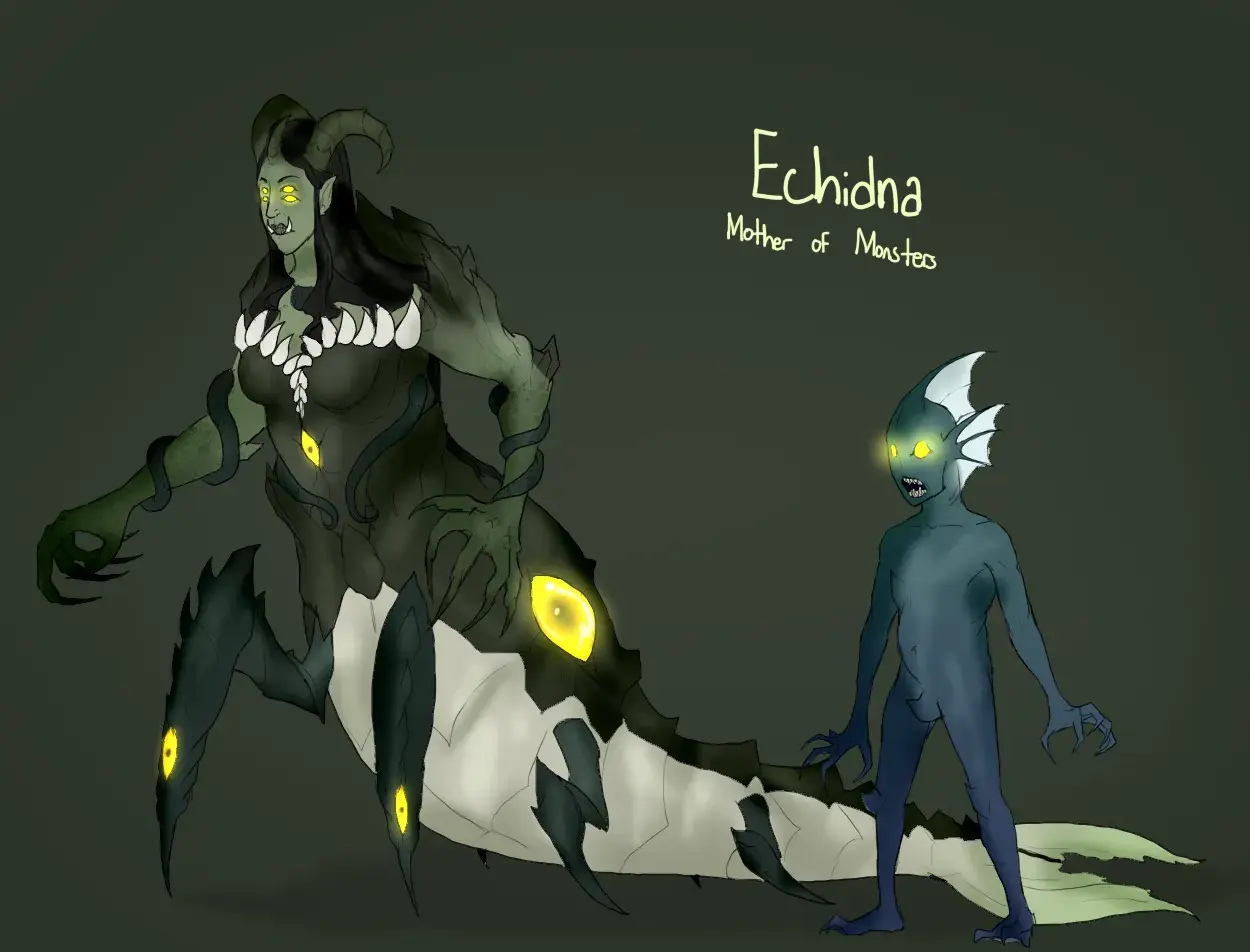 Échidna, mère des monstres de la mythologie grecque, avec son corps de serpent et ses multiples yeux brillants, aux côtés d'une créature aquatique.