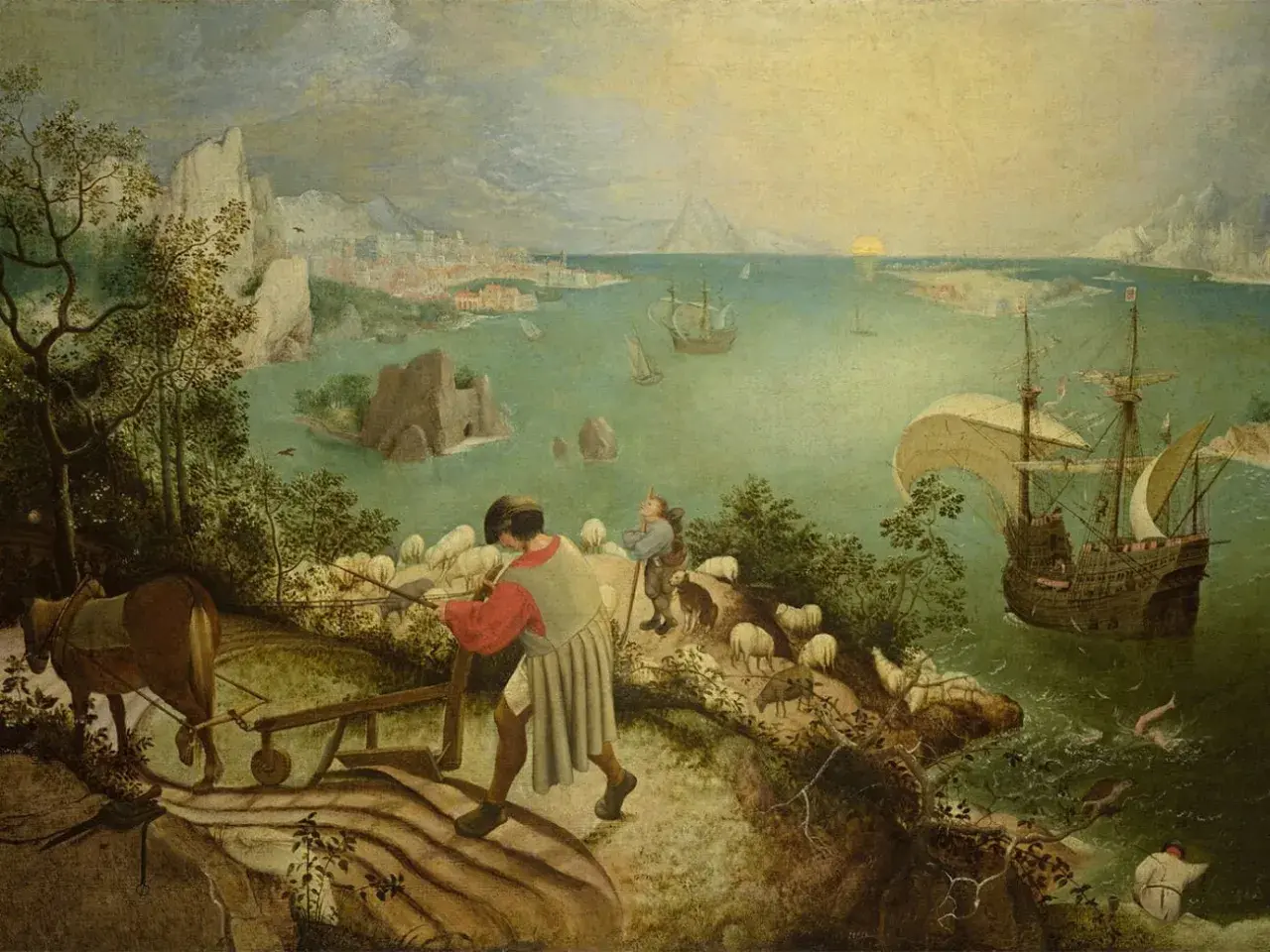 Paysage marin avec un laboureur, des moutons et un navire. Un dédale mythologie s'ouvre sur la mer.
