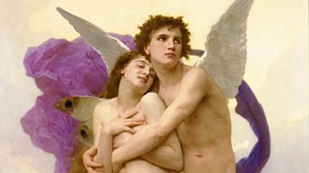 Psyché et Amour, une interprétation du mythe. La jeune femme s'appuie sur son amant, ailes déployées, dans une scène tendre.