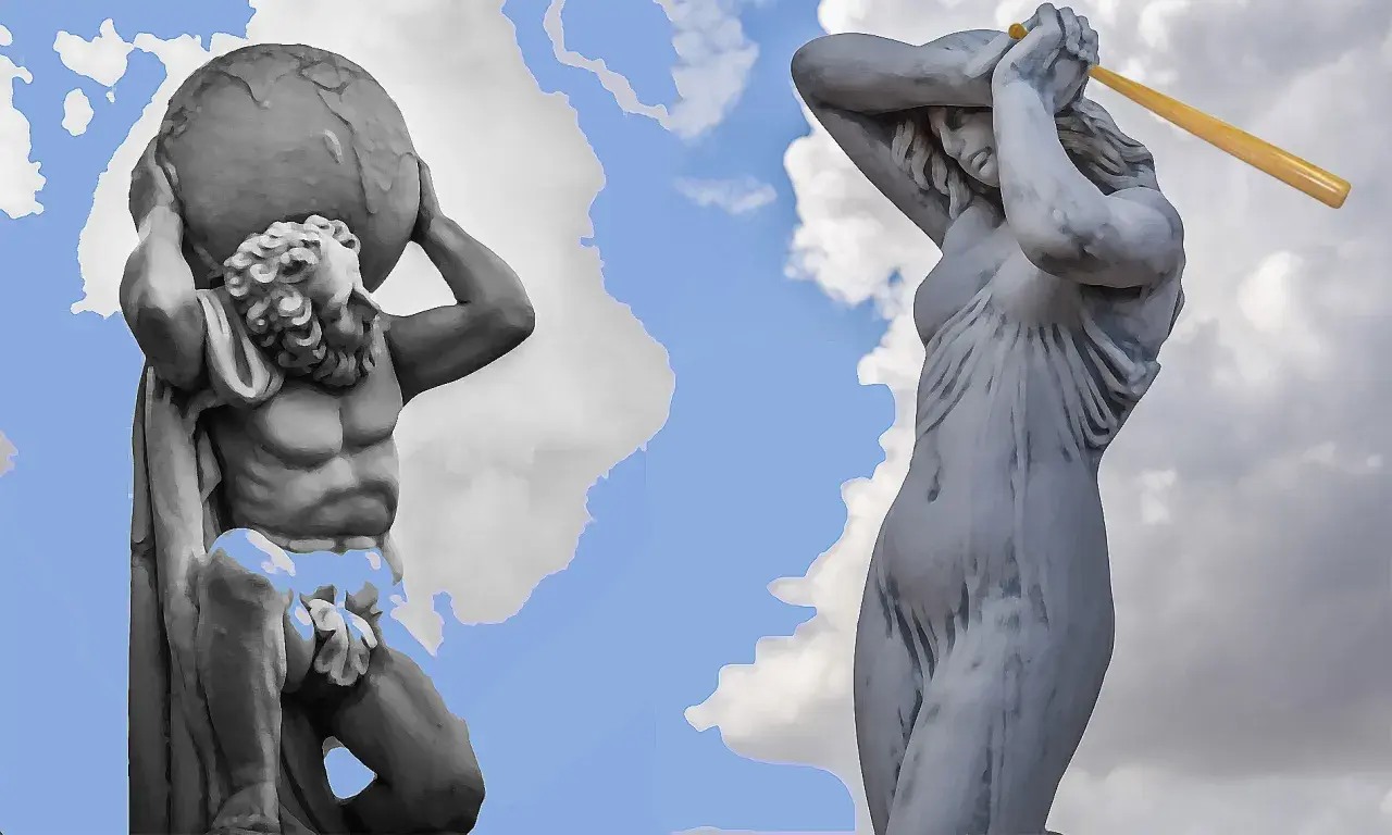 Atlas portant le monde, une statue grecque, se tient fièrement sous un ciel bleu et nuageux. À ses côtés, une autre statue, peut-être une déesse, lève un objet jaune au-dessus de sa tête.