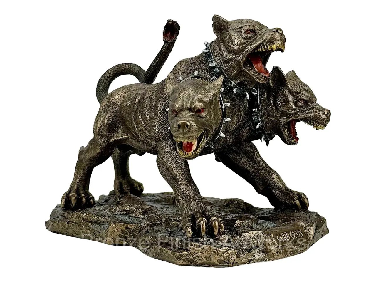 Figurine de cerbère mythologie, gardien des enfers, aux trois têtes rugissantes et à la queue de serpent.