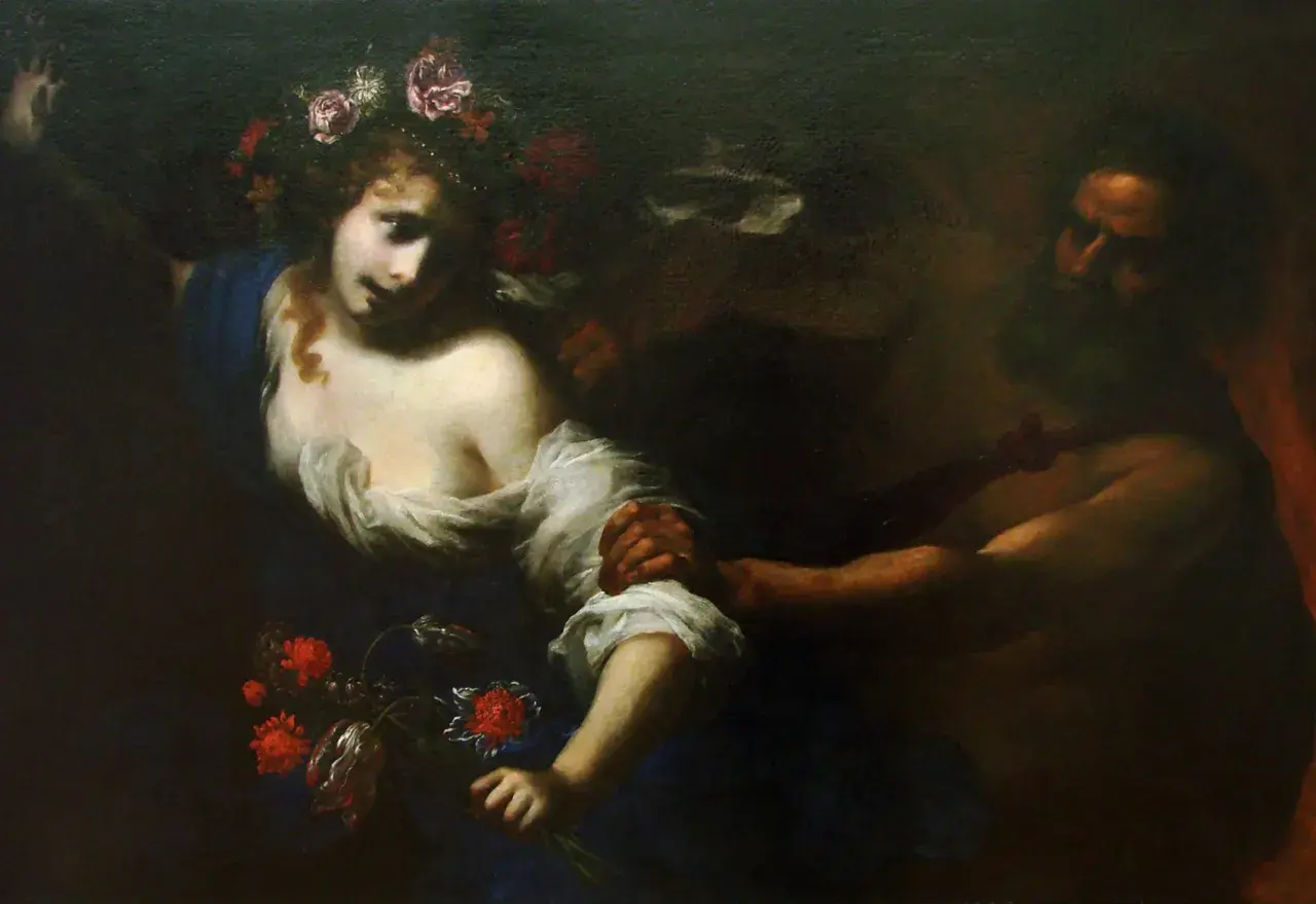 Le ravissement de Perséphone par Hadès. On y voit la jeune femme, couronnée de fleurs, saisie par une main puissante. Ses parents, Déméter et Zeus, sont absents de cette scène.