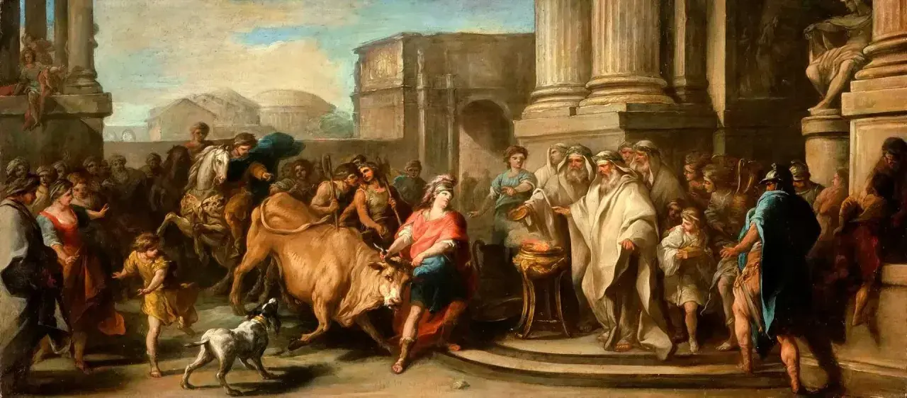 Thésée, jeune héros, maîtrise le taureau crétois. Une foule observe ce moment clé du mythe de Thésée résumé, avant son voyage vers le labyrinthe.