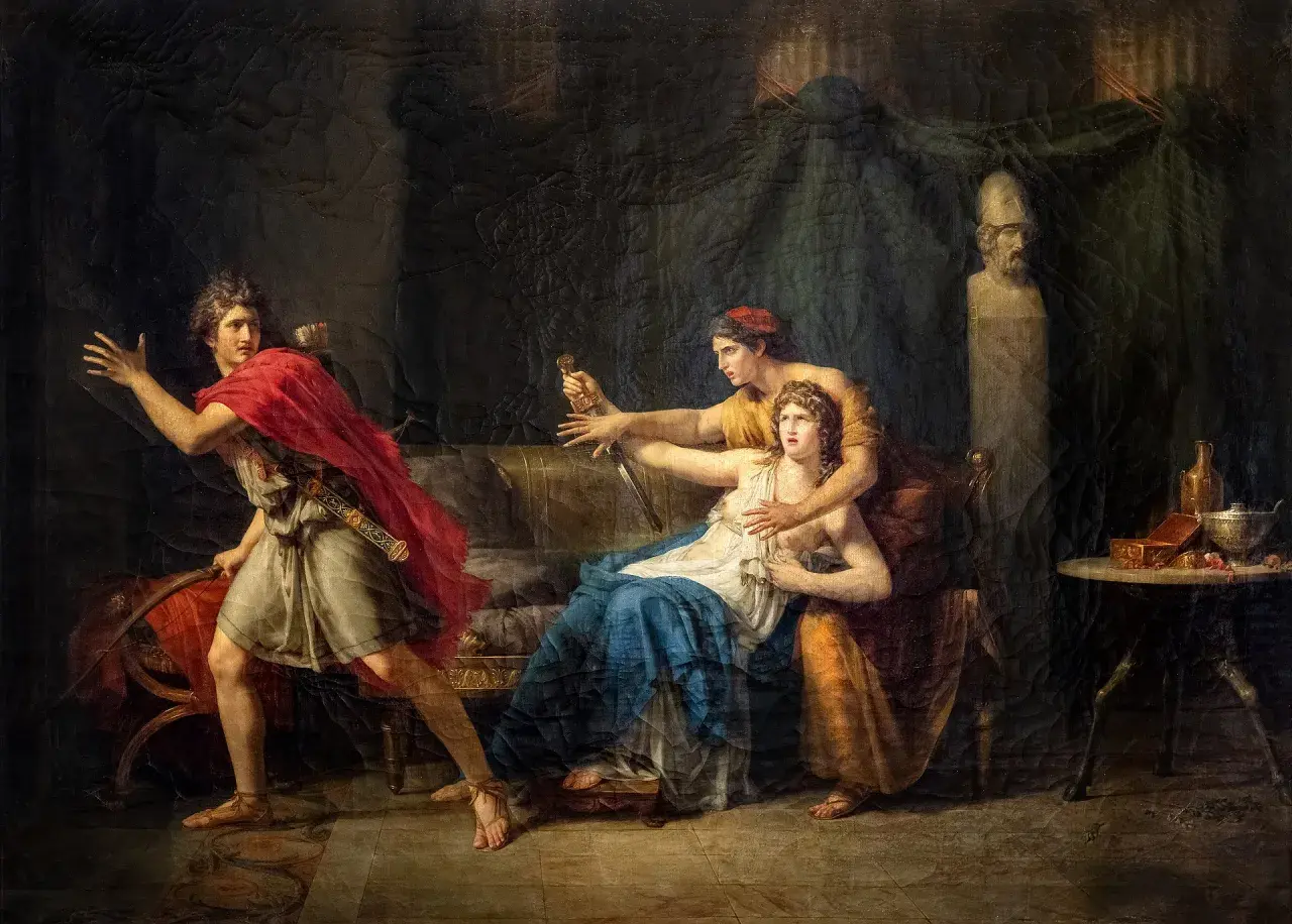 Scène dramatique de la mythologie grecque : Phèdre, tourmentée, repousse Hippolyte qui s'enfuit.