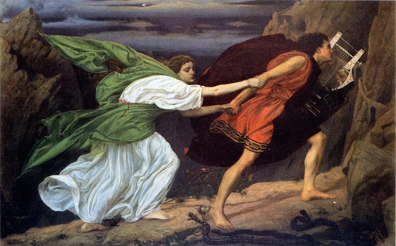 Orphée, sa lyre sur le dos, est retenu par Eurydice qui le tire en arrière, le regard plein de désespoir.
