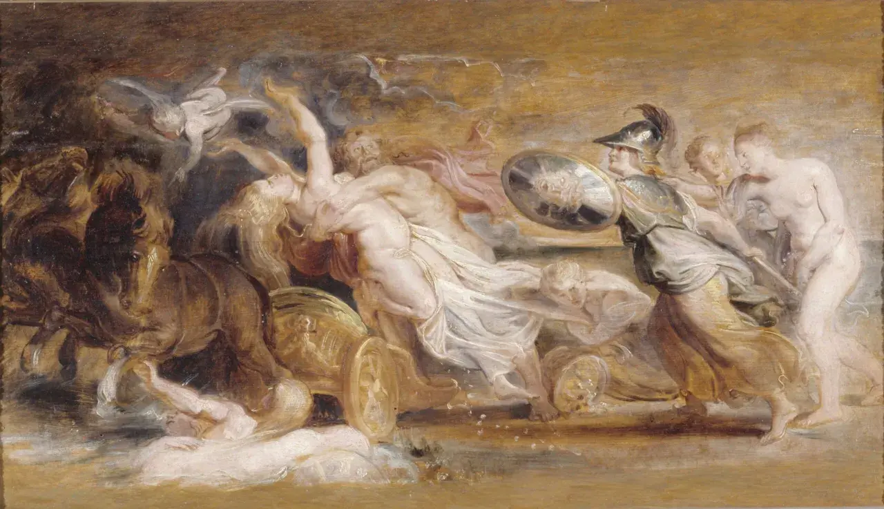 Enlèvement de Proserpine par Pluton, scène dramatique de la mythologie grecque. Une femme est emportée dans un char tiré par des chevaux.