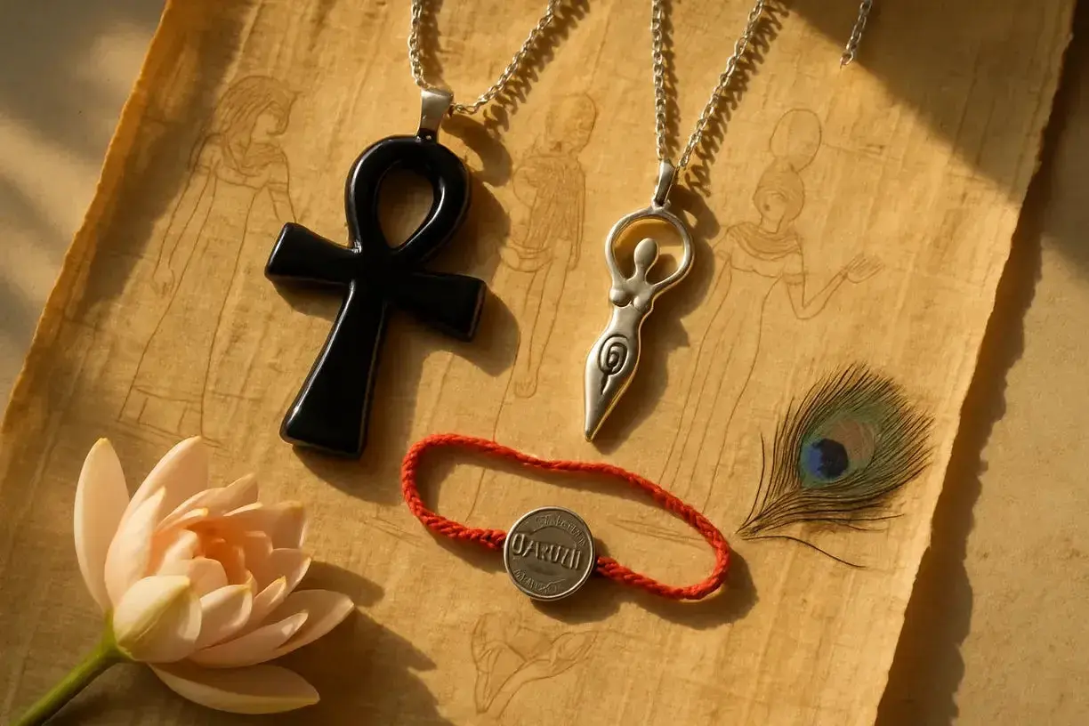 Pendentifs, fleur de lotus, plume de paon et bracelet sur un papyrus orné de figures. L'un des pendentifs évoque une déesse de la pluie.