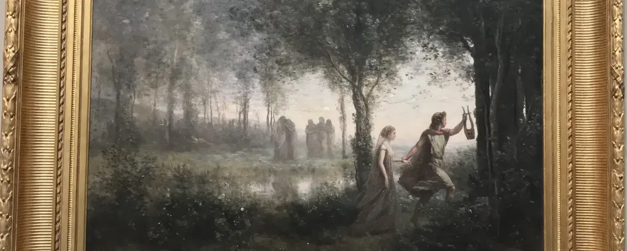 Orphée guide Eurydice hors des enfers, une scène mythologique dans une forêt brumeuse.