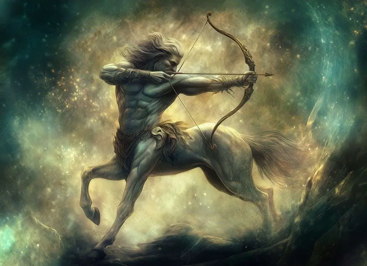 Chiron, le centaure sage de la mythologie grecque, bandant son arc dans un ciel étoilé.