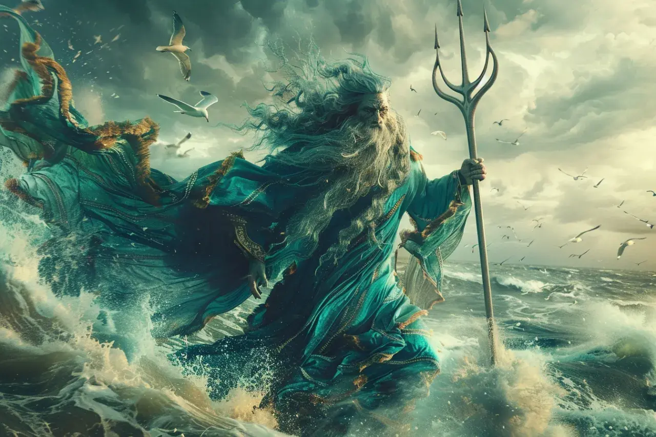 Le dieu de l'eau, barbu et majestueux, brandit son trident au milieu des vagues déchaînées et des mouettes. Sa robe turquoise flotte au vent.
