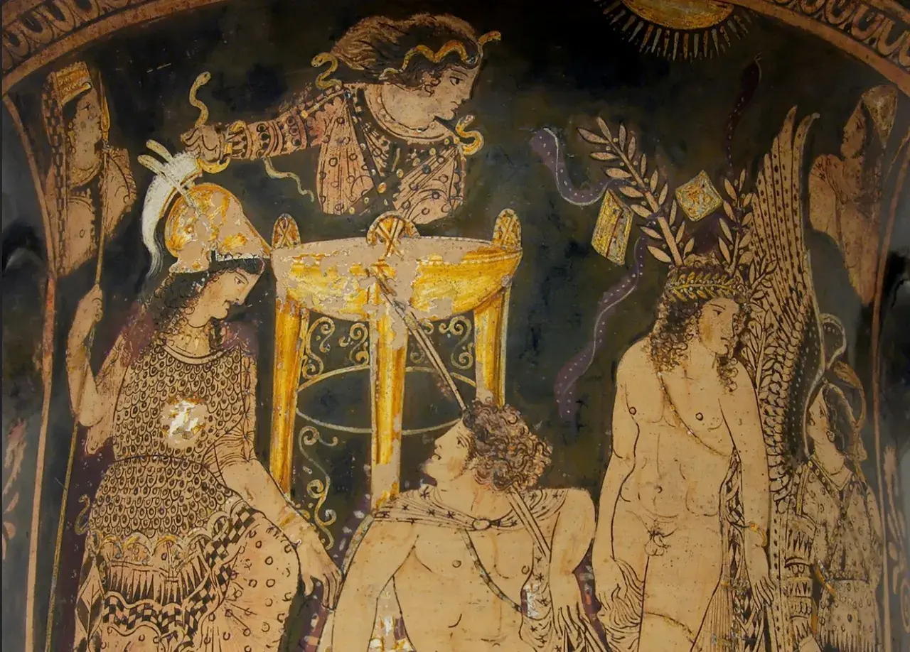 Scène antique : Antigone, Œdipe et d'autres figures mythologiques autour d'un autel doré.