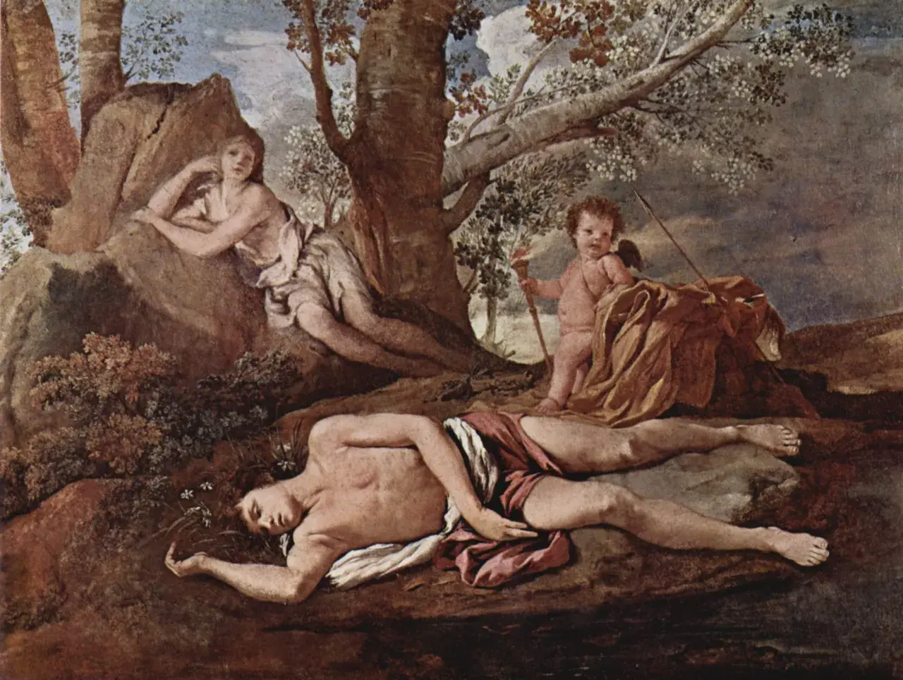 Narcisse, objet de l'amour d'Écho, repose endormi. Un putto, peut-être Cupidon, veille sur lui, rappelant la tragédie de l'écho mythologie.