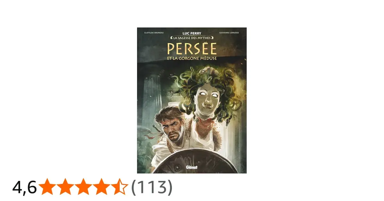 Couverture de "Persée et la Gorgone Méduse", un texte pour le CM2. Persée, le héros, tient un bouclier face à la tête tranchée de Méduse.