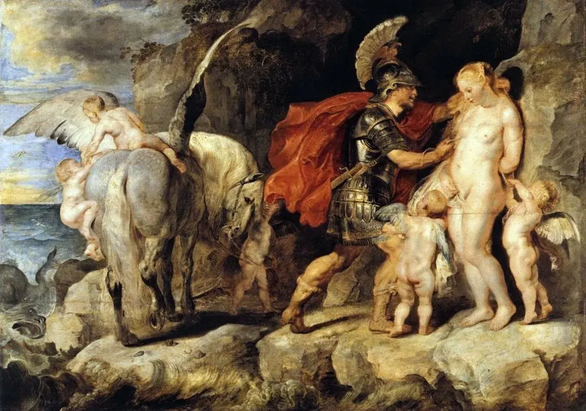 Persée mythologie, armé et casqué, s'approche d'Andromède, entourée de putti. Pégase, le cheval ailé, est prêt à s'envoler.