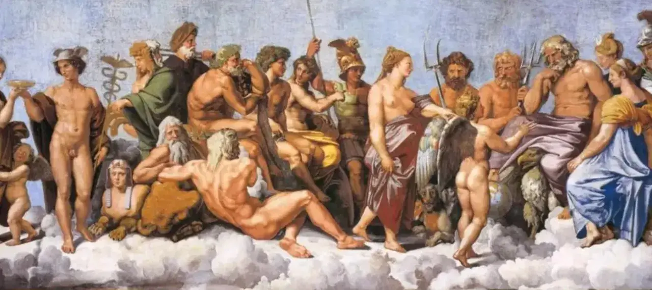 La scène dépeint les dieux grecs, une assemblée divine sur des nuages. Mercure, Apollon, Jupiter et d'autres figures mythologiques sont représentés.