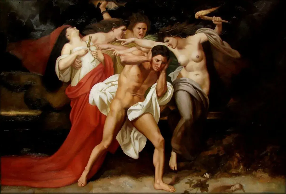 Le mythe d'Oreste : le héros tourmenté par les Furies, qui le poursuivent et le jugent pour le meurtre de sa mère.