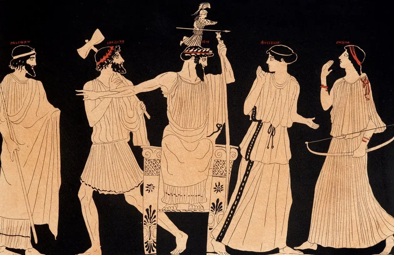 Zeus, aidé par Héphaïstos, libère Athéna de sa tête. On voit aussi Pallas et d'autres figures, mais qui sont les parents d'Athéna ? Zeus et Métis.