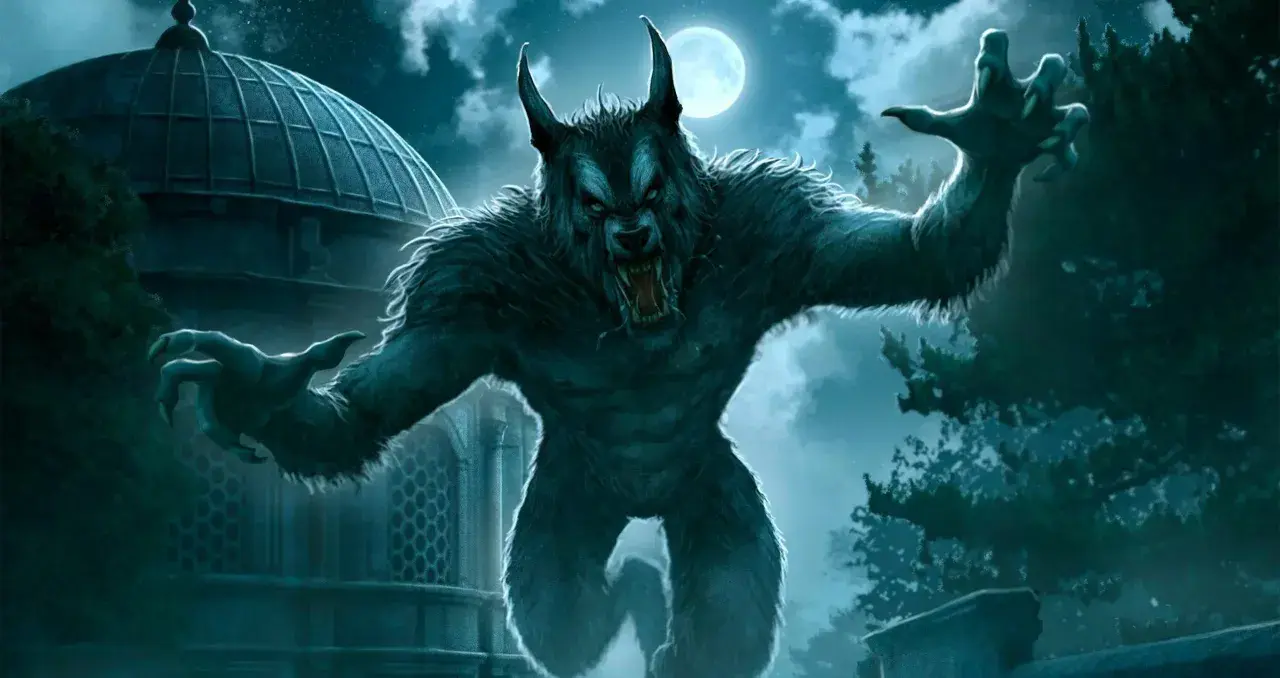 Un lycanthrope terrifiant, inspiré de la lycaon mythologie, hurle sous la pleine lune près d'un dôme ancien. Ses griffes sont tendues, prêt à bondir.