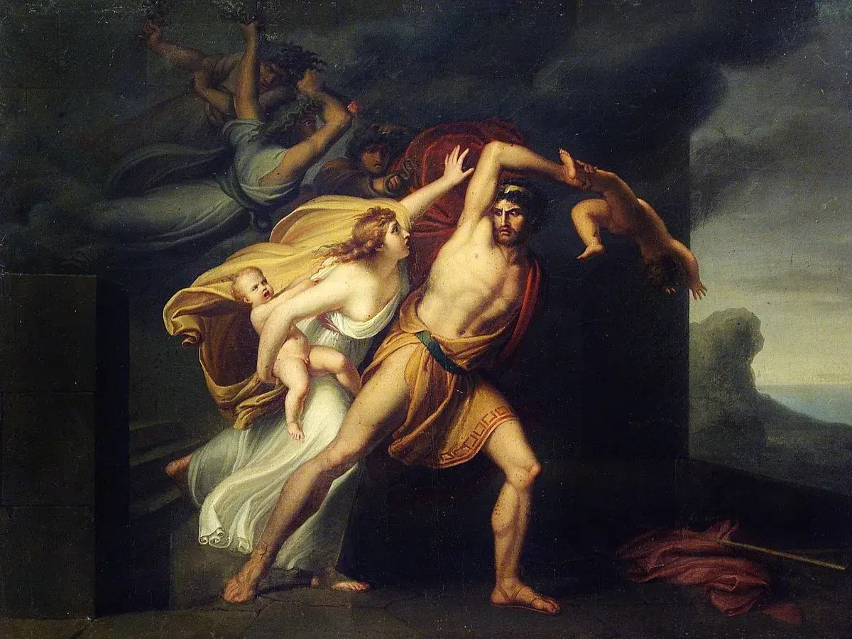 Saturn, le titan, dévore ses enfants. Une femme, peut-être une ino nourrice, tente de sauver un bébé.