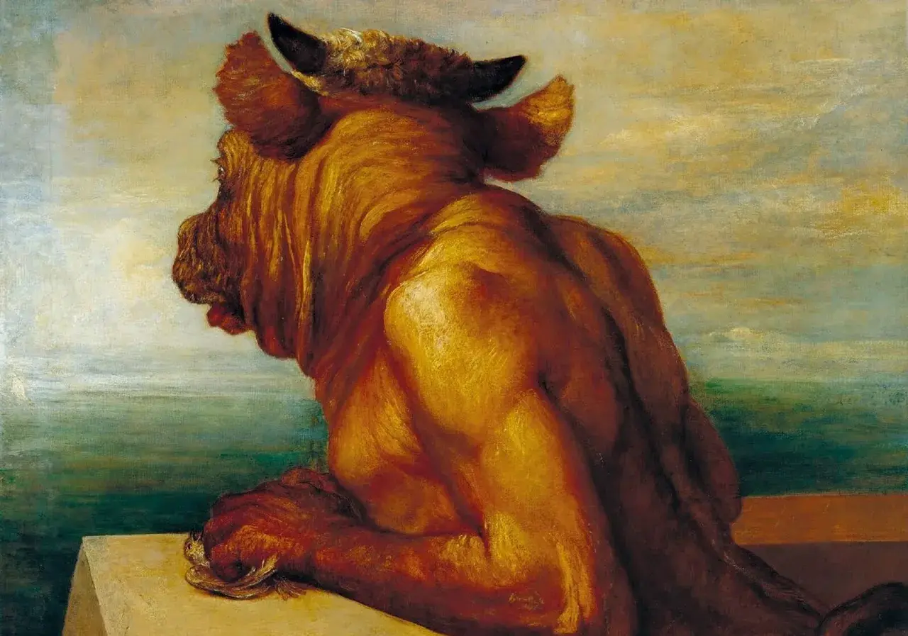 Le minotaure, créature de la mythologie grecque, est représenté de dos, la tête tournée vers la gauche, contemplant un paysage marin.