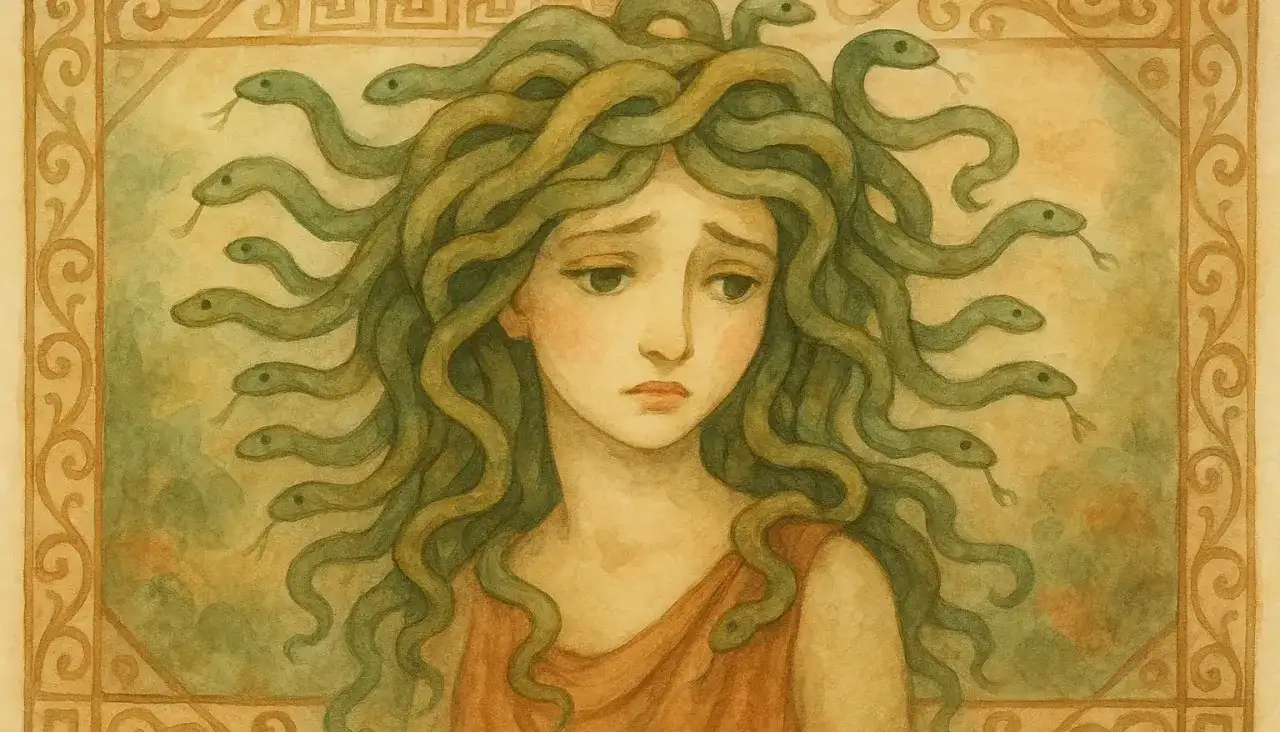 Portrait mélancolique d'une jeune femme à la chevelure de serpents, évoquant la méduse mythologie.