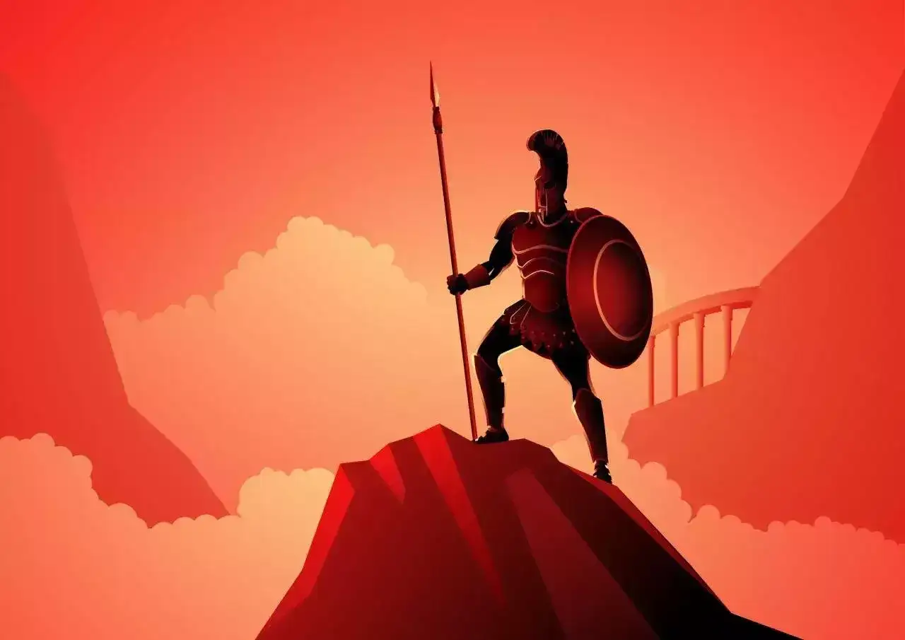 Guerrier en armure rouge, lance et bouclier, se tient sur un rocher. Le ciel rouge évoque la fureur d'Arès, dieu de la guerre.