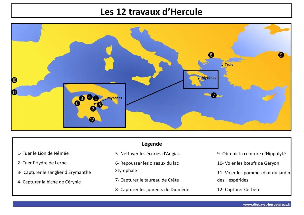 Carte illustrant les 12 travaux d'Hercule, avec des points numérotés sur une carte de la Grèce antique et de la Méditerranée.