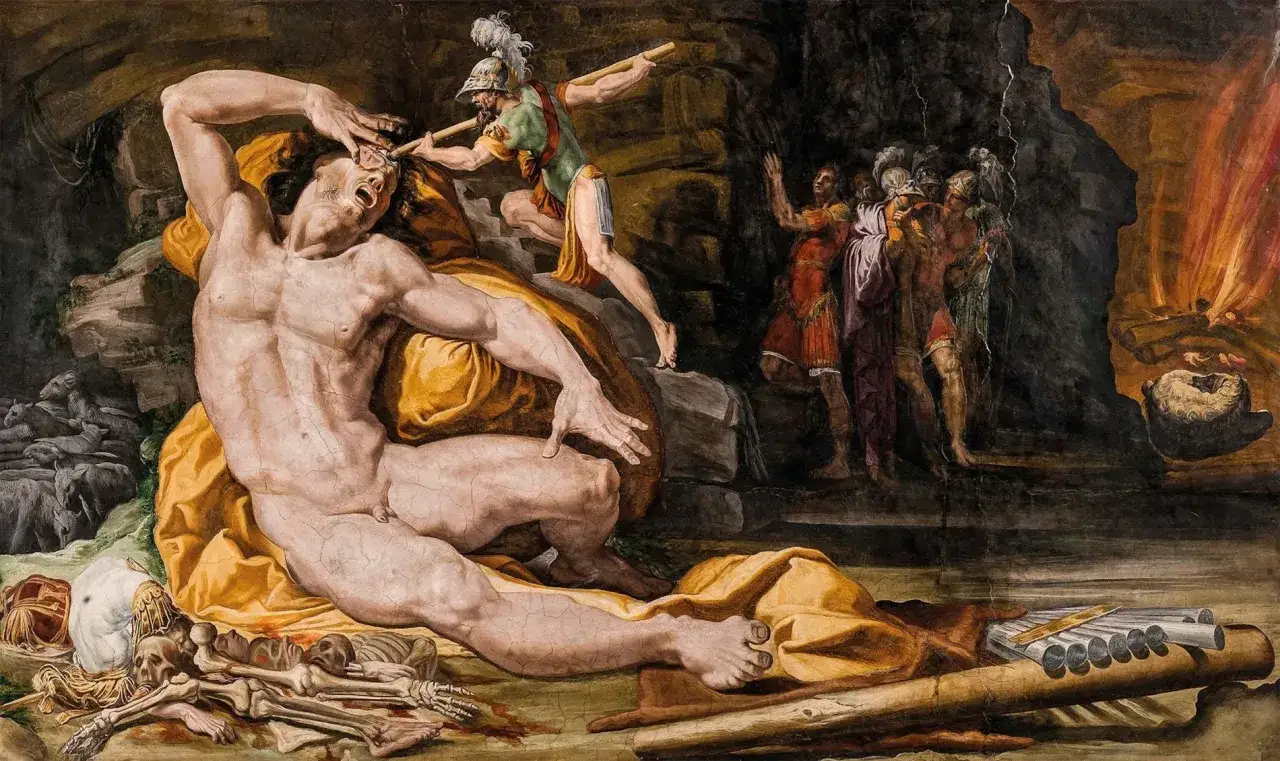 Ulysse, dieu rus&eacute;, aveugle le cyclope Polyph&egrave;me dans sa grotte. Des squelettes jonchent le sol.