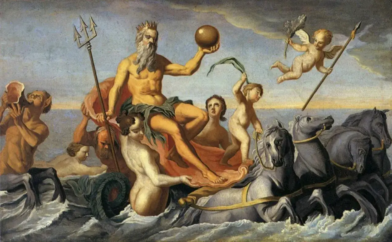 Neptune, le dieu des mers, trône dans son char tiré par des chevaux marins. Un putto ailé le précède, brandissant une lance.