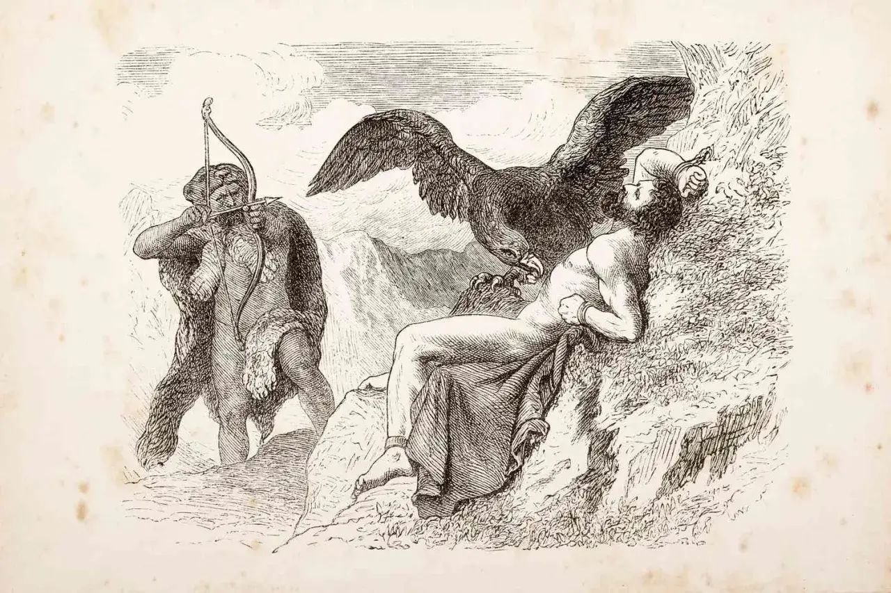 Un homme nu, enchaîné, est dévoré par un aigle. Un archer, vêtu d'une peau de bête, s'apprête à tirer. Une scène de l'histoire de Prométhée.