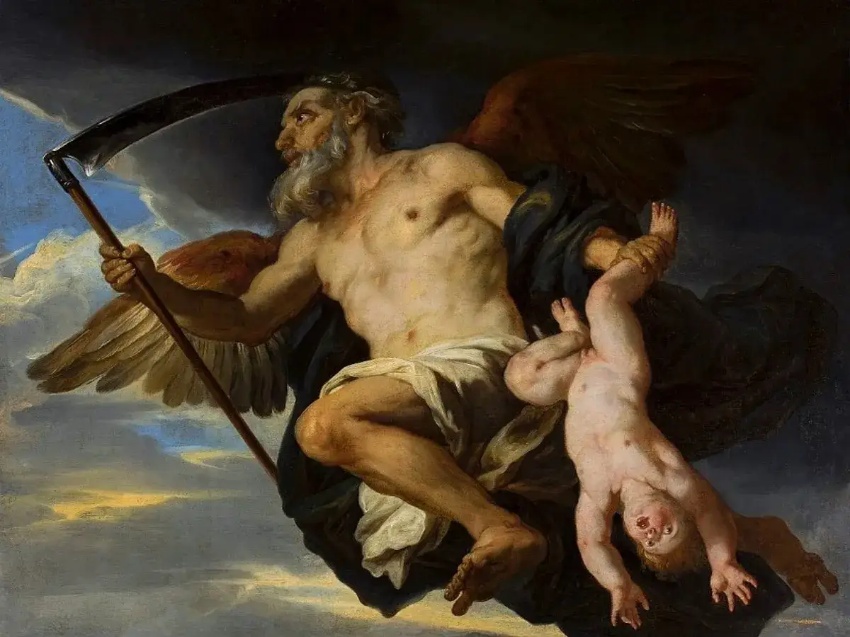 Chronos, dieu du temps, emporte un enfant dans ses bras, une faux &agrave; la main, symbolisant le passage inexorable de la vie.