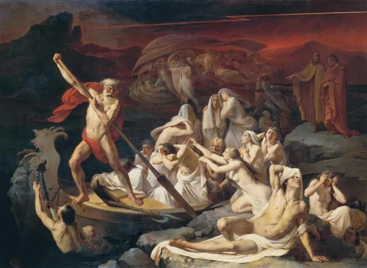 Charon, le passeur des &acirc;mes, man&oelig;uvre sa barque sur le Styx. Des &acirc;mes d&eacute;sesp&eacute;r&eacute;es tentent de monter &agrave; bord, tandis que d'autres attendent sur la rive.